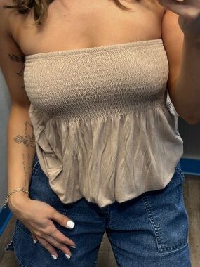 Strapless Smocked Bubble-Hem Top - Taupe